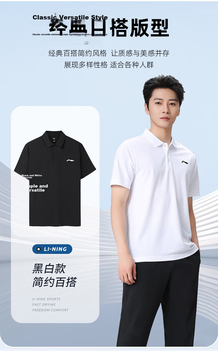 Li-Ning Men's Summer New Loose Breathable Polo Two-Piece Sportswear Running Fitness Set 5