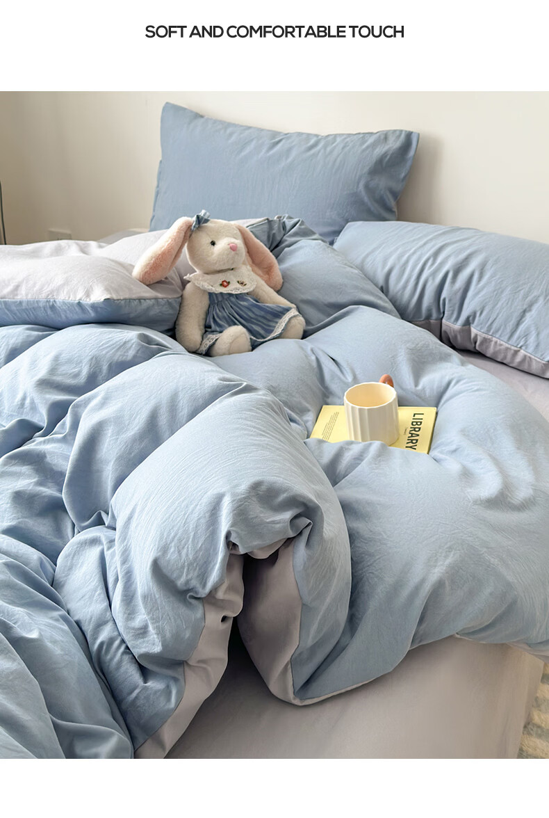 Aiwei 110g Washed Cotton 4-Piece Bedding Set Double Bed Sheet Pillowcases Duvet Cover 200x230cm Misty Blue Gray 4