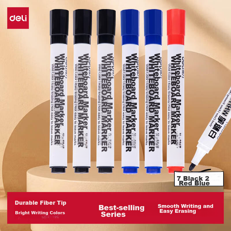 Deli Whiteboard Marker Set Erasable Smooth Writing Office Stationery Meeting Teaching 7 Black 2 Blue 1 Red Mixed Colors 10pcs/Box 33176
