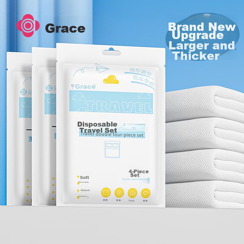 Grace Disposable 4-Piece Travel Bedding Set Thickened Bed Sheet Duvet Cover Pillowcase Portable Double Size Hotel Use