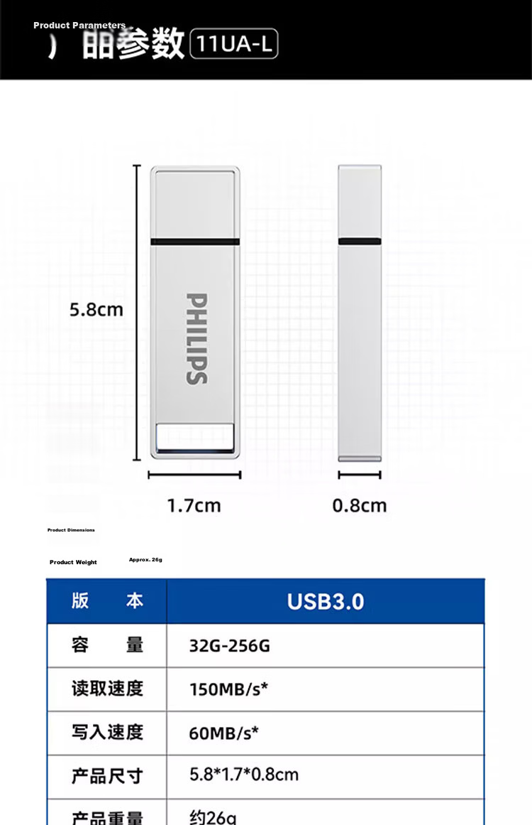 PHILIPS 128GB USB 3.2 Metal USB Flash Drive 150MB/s High-Speed Storage USB Drive for Computer Expansion Business Office Study 11UA-M Gray 12