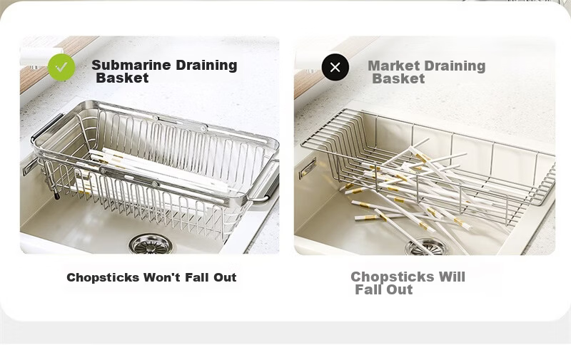 Submarine 304 Stainless Steel Kitchen Draining Rack Food Grade Sink Basket Dish Rack Telescopic Storage Rack 22