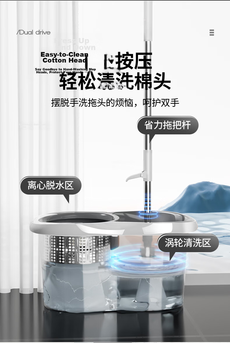 Baijiahaoshi Rotating Mop 2 Mop Heads Household One Mop Clean Hands-Free Washing 2026 Absorbent Floor Mop Spin Dry Bucket Handle 7