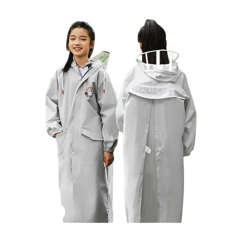 Moremerry Children's Raincoat for Boys And Girls, Elementary And Middle School Students, Large Backpack Space Full-Body Waterproof Raincoat, Silver Gray, 4XL