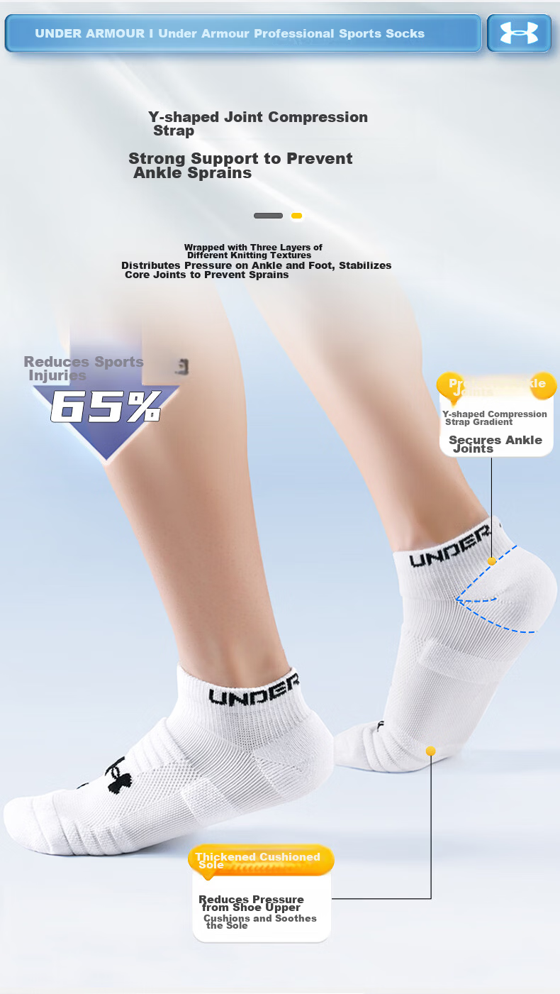 Under Armour Socks No-Show Socks [3 Pairs] Basketball Badminton Sports Socks for Men and Women Running Thin Anti-Odor Terry Short Cotton Socks 8