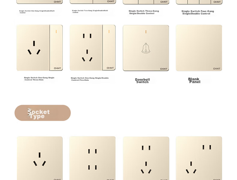 CHNT Switch Socket NEW6-C11102 Five-Hole Socket 6C Champagne Gold 10-Pack Socket Set 40