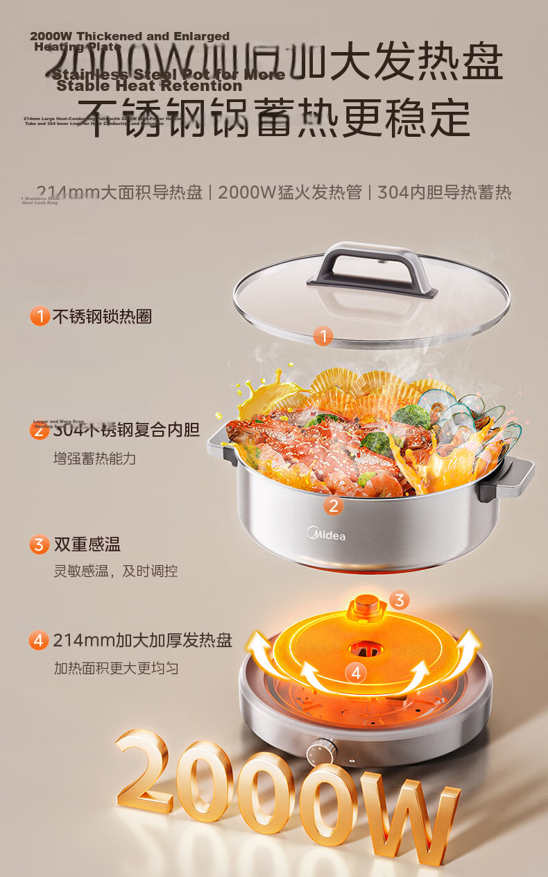 Midea 0-Coating Electric Hot Pot Stainless Steel Hot Pot Detachable All-Steel Rapid Boil Electric Hot Pot Multi-Function 6.5L HGS30G1 8
