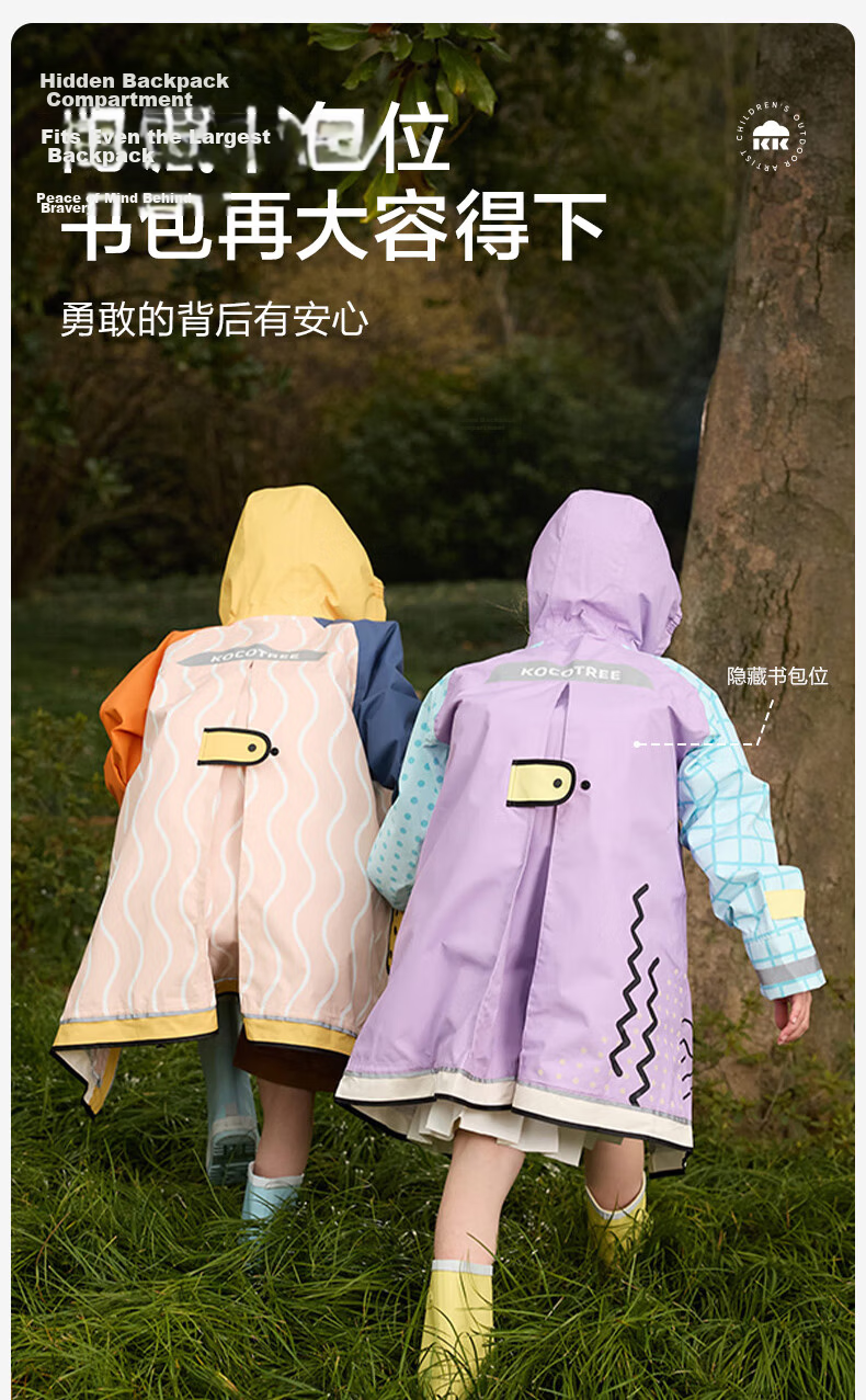 Kocotree Children's Raincoat with Backpack Space, Waterproof Thickened Rain Jacket, Full Body Rain Poncho for Boys And Girls, Windproof Fashionable Raincoat 14