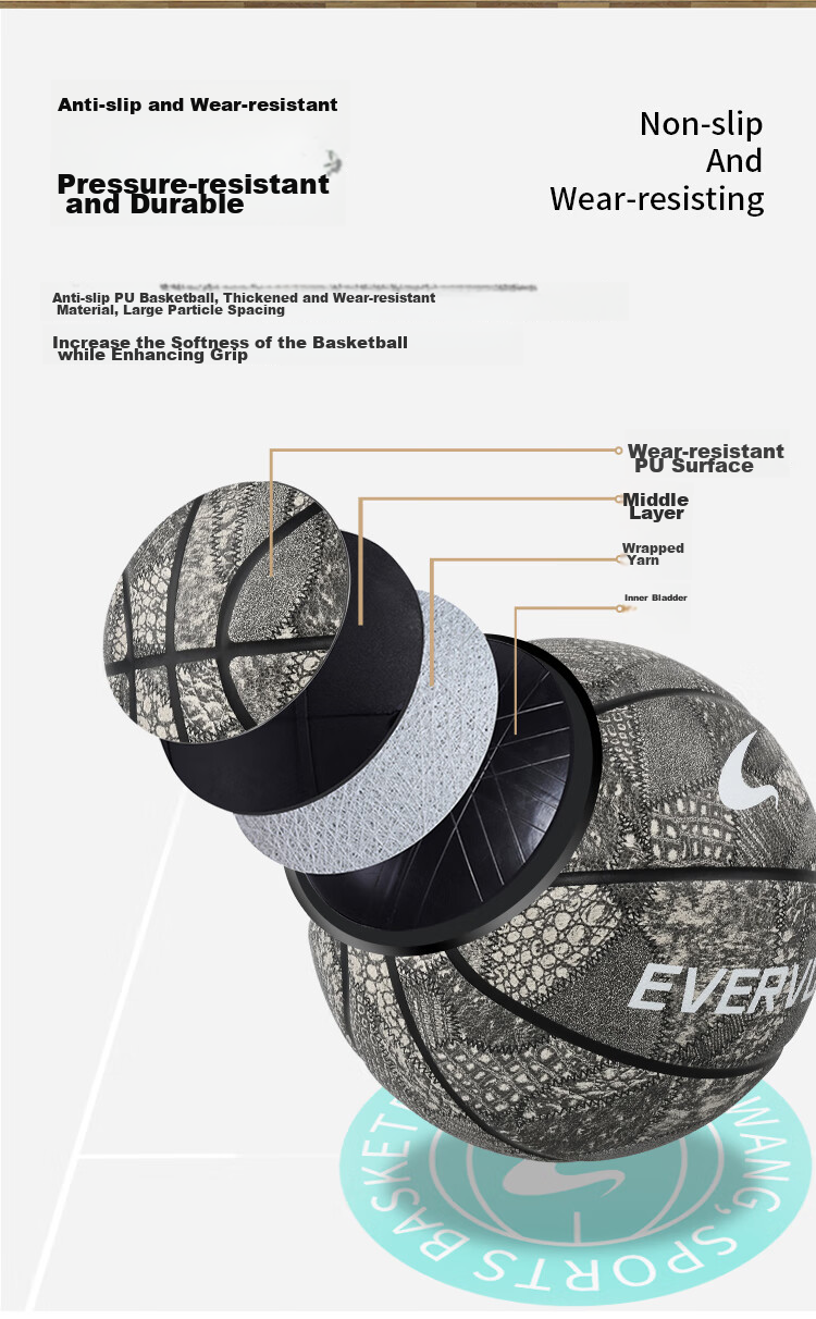EVERVON Basketball, Adult Competition Training, Indoor And Outdoor Use, Wear-Resistant, Size 7 Non-Slip PU Basketball, EBP7-100 2