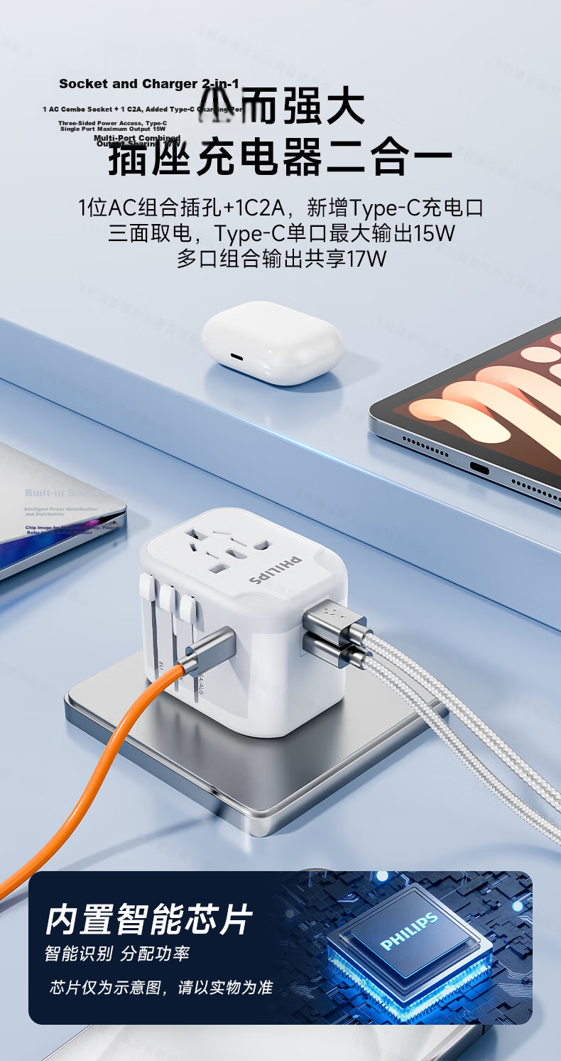 PHILIPS 15W Global Travel Adapter Universal International Converter Socket with USB Dual-Port Single-Side Plug for UK EU US AU DE JP SG HK 12