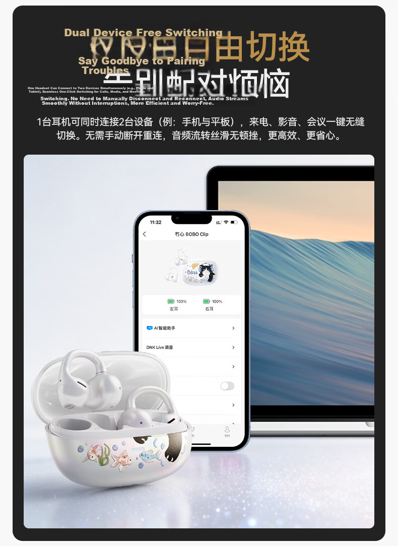 Moxin [Zero Sensation Wear | True AI Interaction] Clip-on Noise Cancelling Bluetooth Earphones Open-type True Wireless Long Battery Life Sports Gaming Call Compatible with Apple Huawei White 25