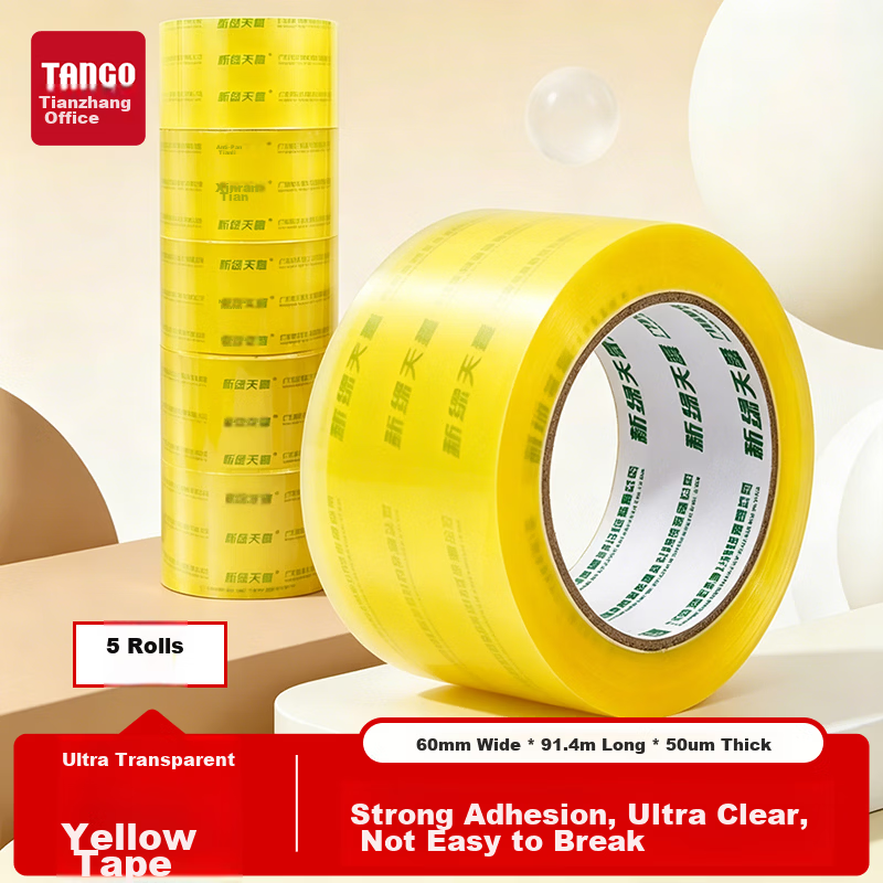 TANGO Ultra Clear Tape 60mm x 91.4m x 50um 5 Rolls High Adhesive Wide Packing Tape for Home Moving Shipping Factory Warehouse Logistics