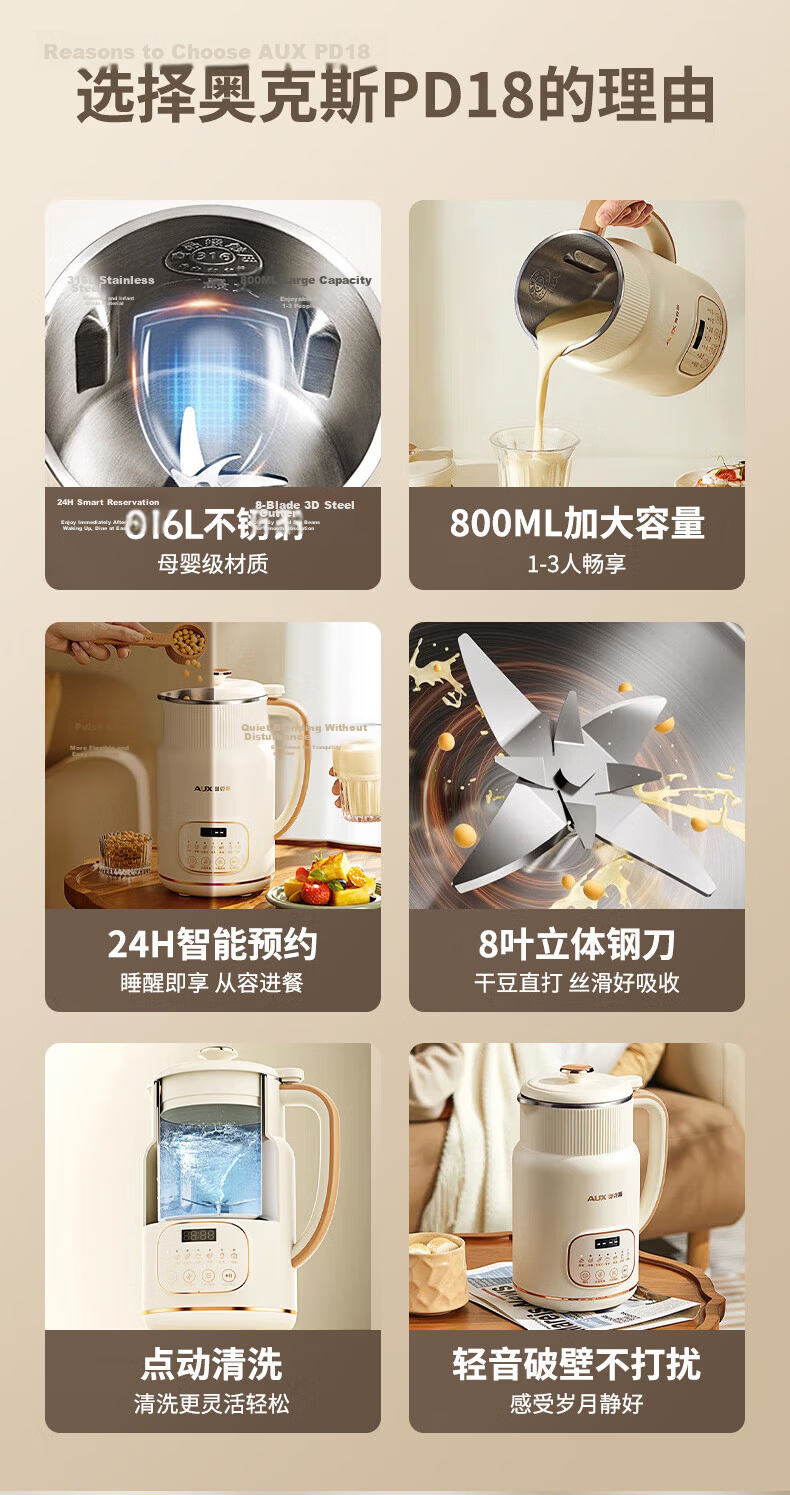 AUX 304 Stainless Steel Soy Milk Maker Blender 0.8L Compact Capacity for 1-2 People Fine Texture No Filter Reservation Easy Clean Multifunctional Household Food Processor S602A 1