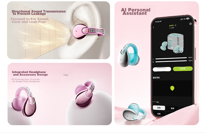 Elephant Trunk [High-Value Flowing Crystal Diamond] 2026 Latest Dual-Mode AI Translation Monster Wireless Bluetooth Earphones Ear-Hook Clip-On Call Noise Cancelling Ultra-Long Battery D101 Blue 5