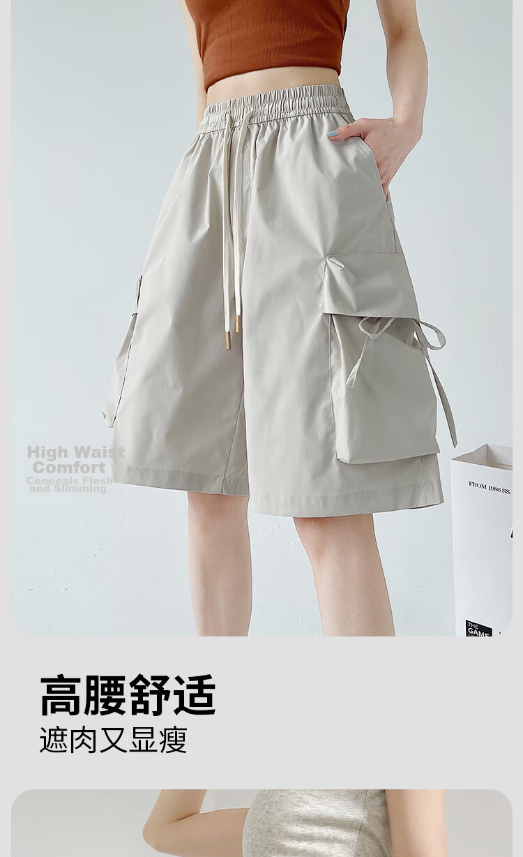 Xueqiman Large Pocket Workwear Shorts Women Summer 2026 New American Style Quick-Dry Ice Silk Cool Straight Sports Knee-Length Pants 2