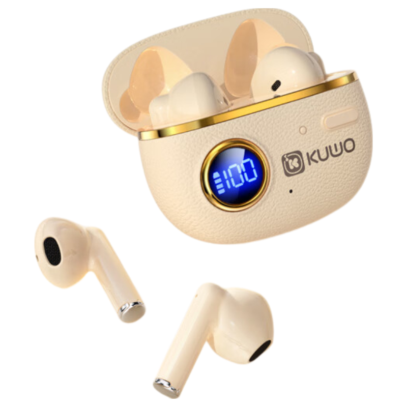 K KL05 Leather Texture Digital Display True Wireless Bluetooth Earphones Touch Control Tencent Music Sports Noise Cancelling Bluetooth 6.0 for Apple Huawei Xiaomi Phones Skin Color