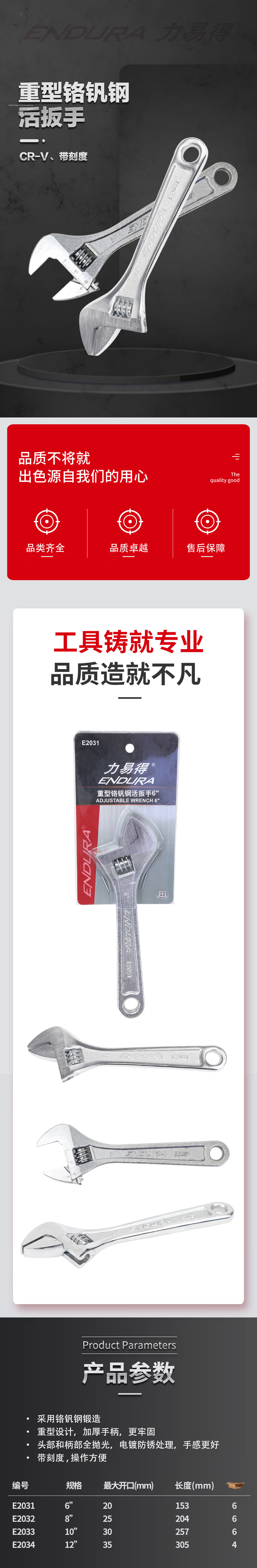 ENDURA Heavy-Duty Chrome Vanadium Steel Adjustable Wrench 6" E2031 1