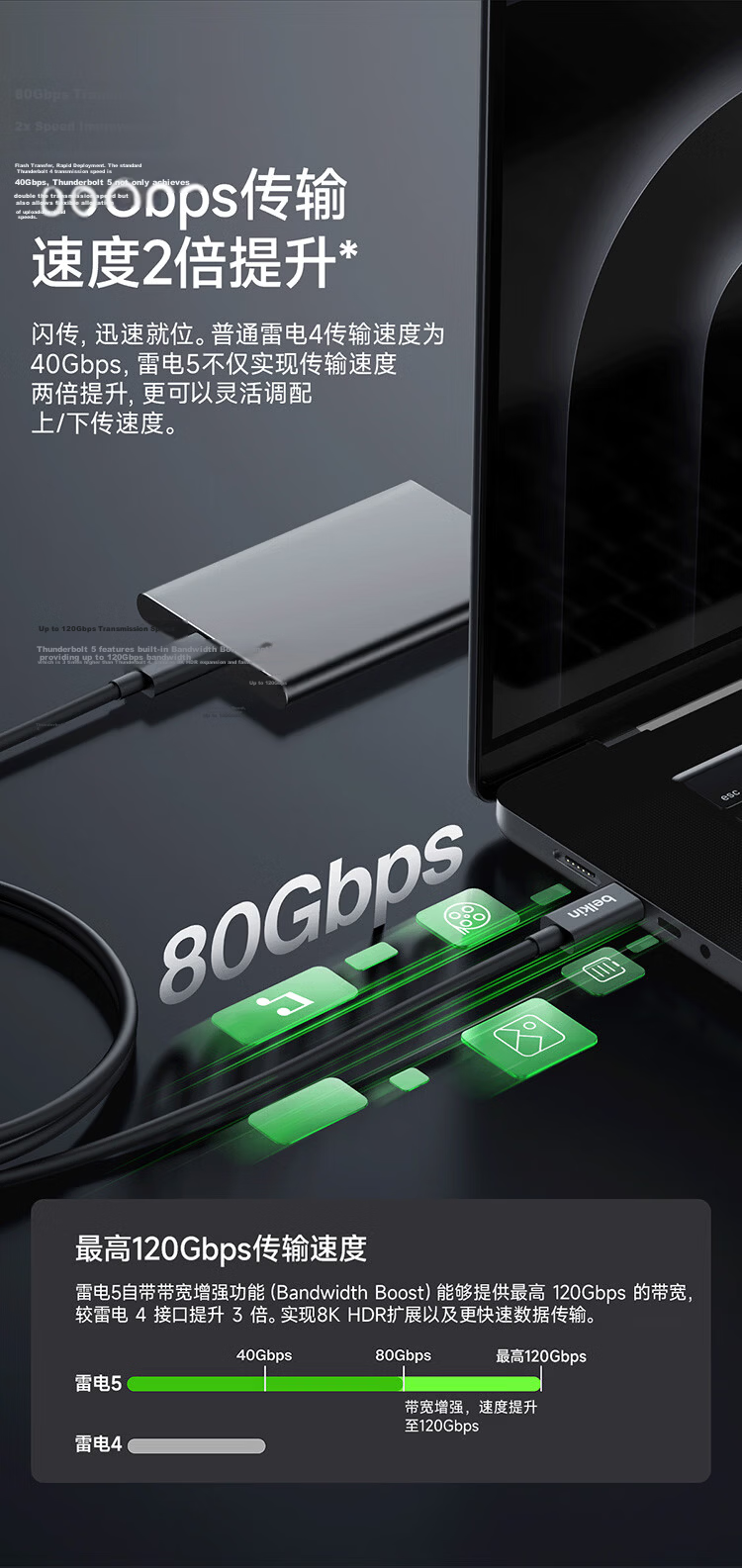 BELKIN Thunderbolt 5 Data Cable Compatible with Thunderbolt 3/4 Full-Function Cable 240W Fast Charging 1 Meter 4
