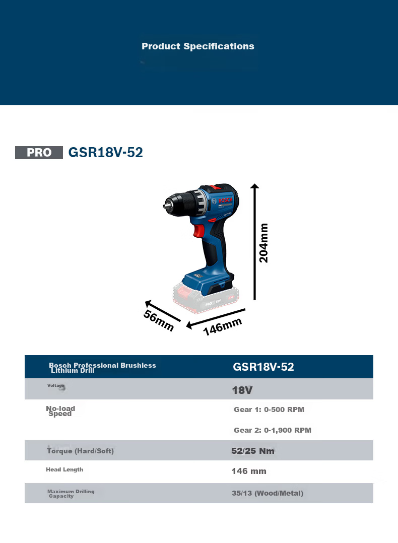 BOSCH Cordless Lithium Battery Screwdriver Drill GSR 18V-52 with Dual 2.0Ah Batteries 11