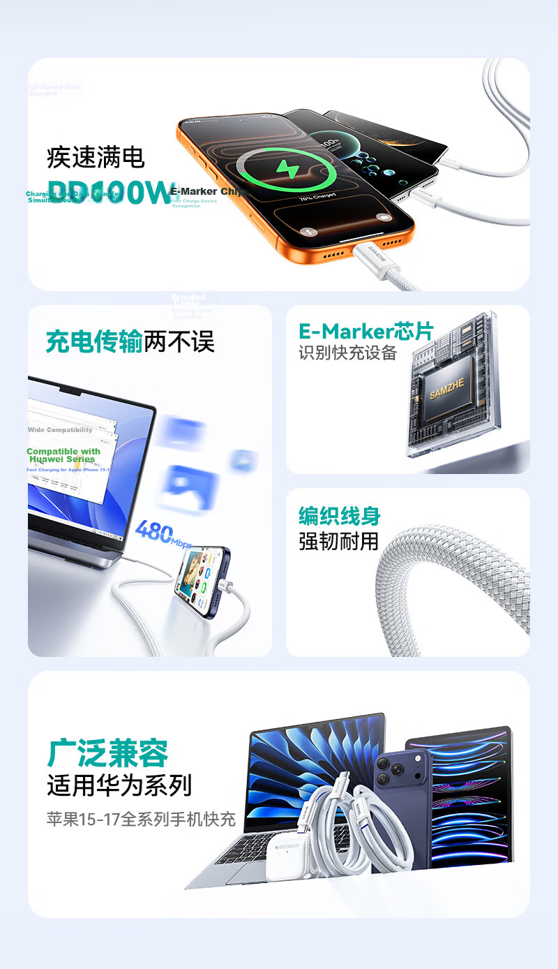 Sanze [2-Pack] Dual Type-C Data Cables PD 100W Fast Charging for Huawei Pura80 Honor Apple 17/15/16 Xiaomi Laptop Tablet 1.5m 4