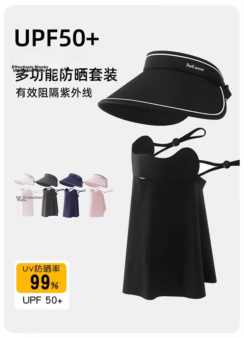 Miiow Women's Sun Protection Hat Open Top Hat with Face Mask UV Protection Black 3