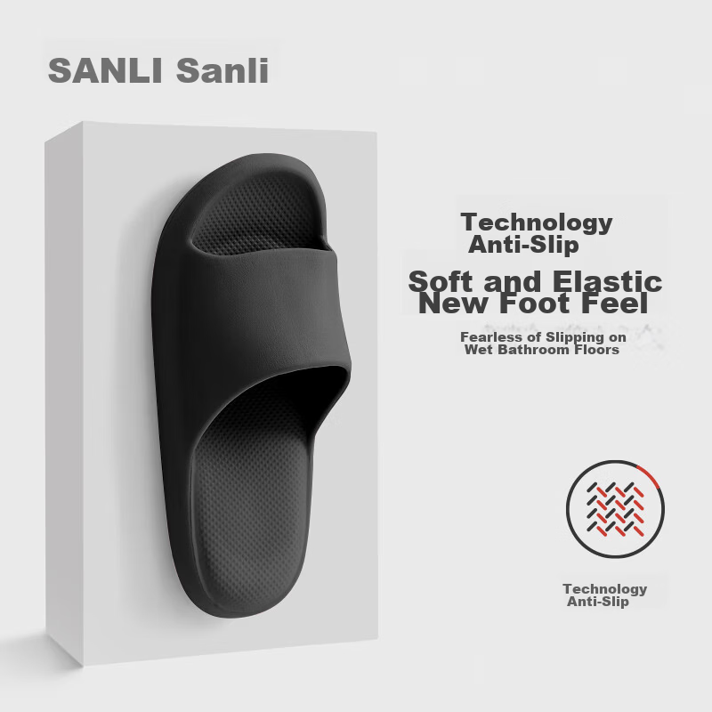 Sanli Household Non-Slip Slippers Bathroom Silent Indoor Outdoor Soft Elastic Men's and Women's Casual Slippers New Black 42-43