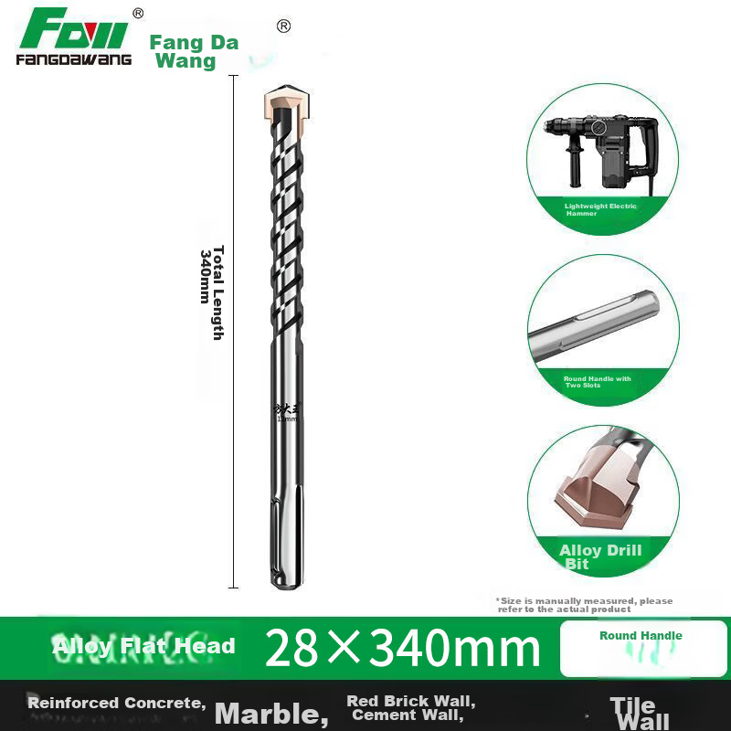 Fang Da Wang Straight Impact Drill Bit for Concrete, Rebar Resistant, Wear-Resistant, Durable, Quick Drilling, Round Shank 28*340mm