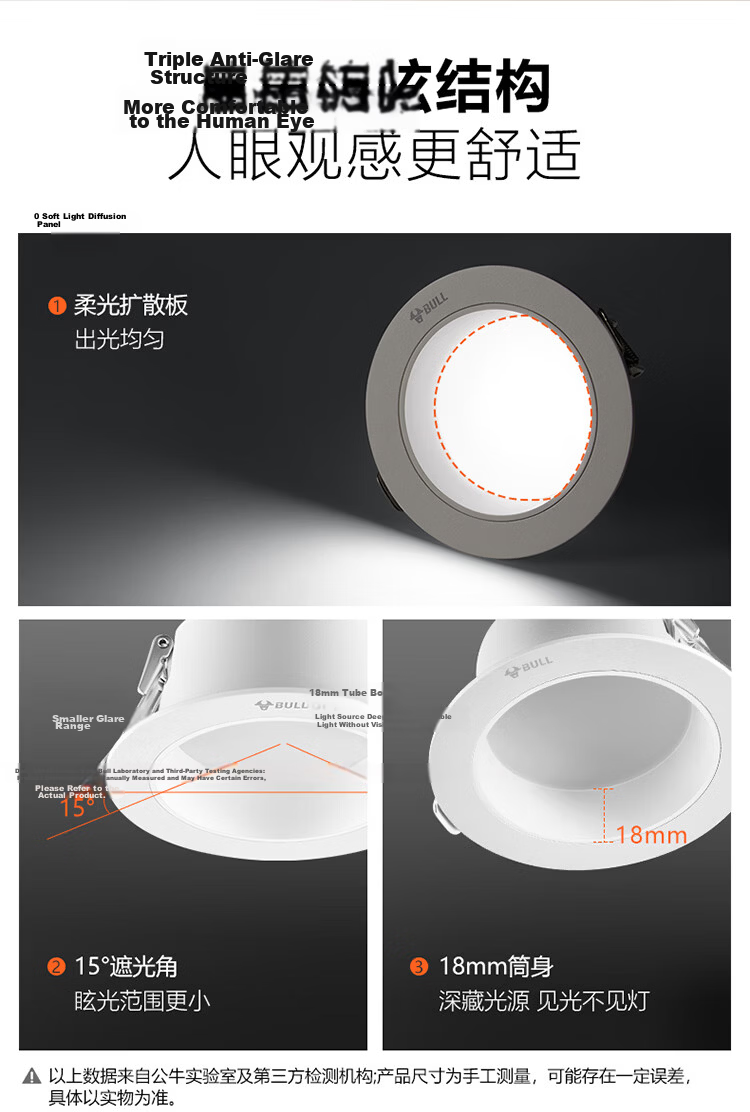 BULL LED Anti-Glare Downlight MT-L005D-BS Matte White 5W Three-Level Dimming Upgraded Ra97 Color Rendering Index 7