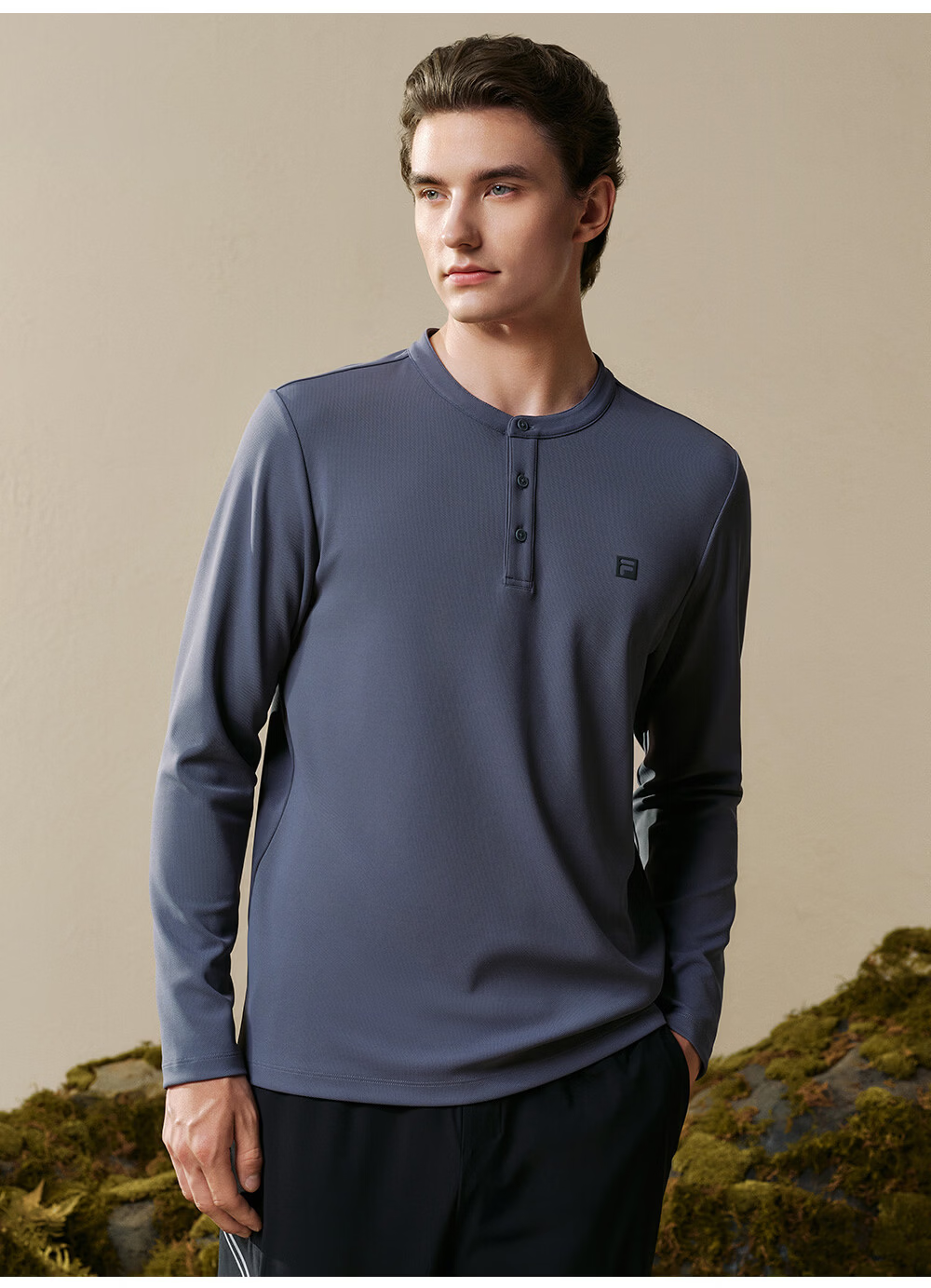 FILA Men's Knitted Long Sleeve T-Shirt 2026 Autumn Henry Collar Sports Fitness Quick-Dry Long Tee 11