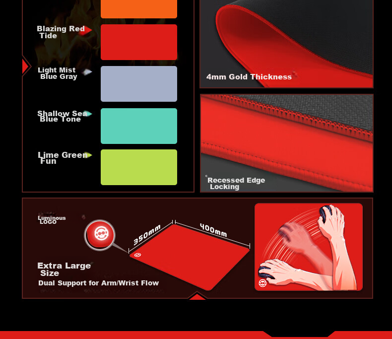 HELLFIRE Gaming Mouse Pad Ultra-Smooth Narrow Edge Large Size Dota FPS Delta 400x350x4mm Fiery Red Tide 4