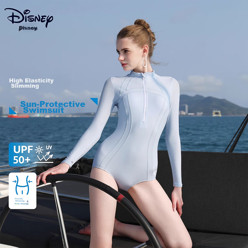 Disney Women's One-Piece Swimsuit Long Sleeve Hot Spring Racing Triangle Swimwear D15289 Light Blue L