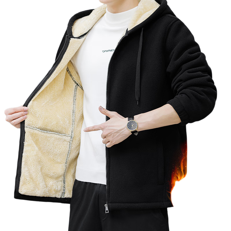 Dingfengbaoluo Solid Color Hooded Cardigan Men's Jacket Winter Fleece Lined Trendy Warm Casual Outerwear BY18 Black 2XL