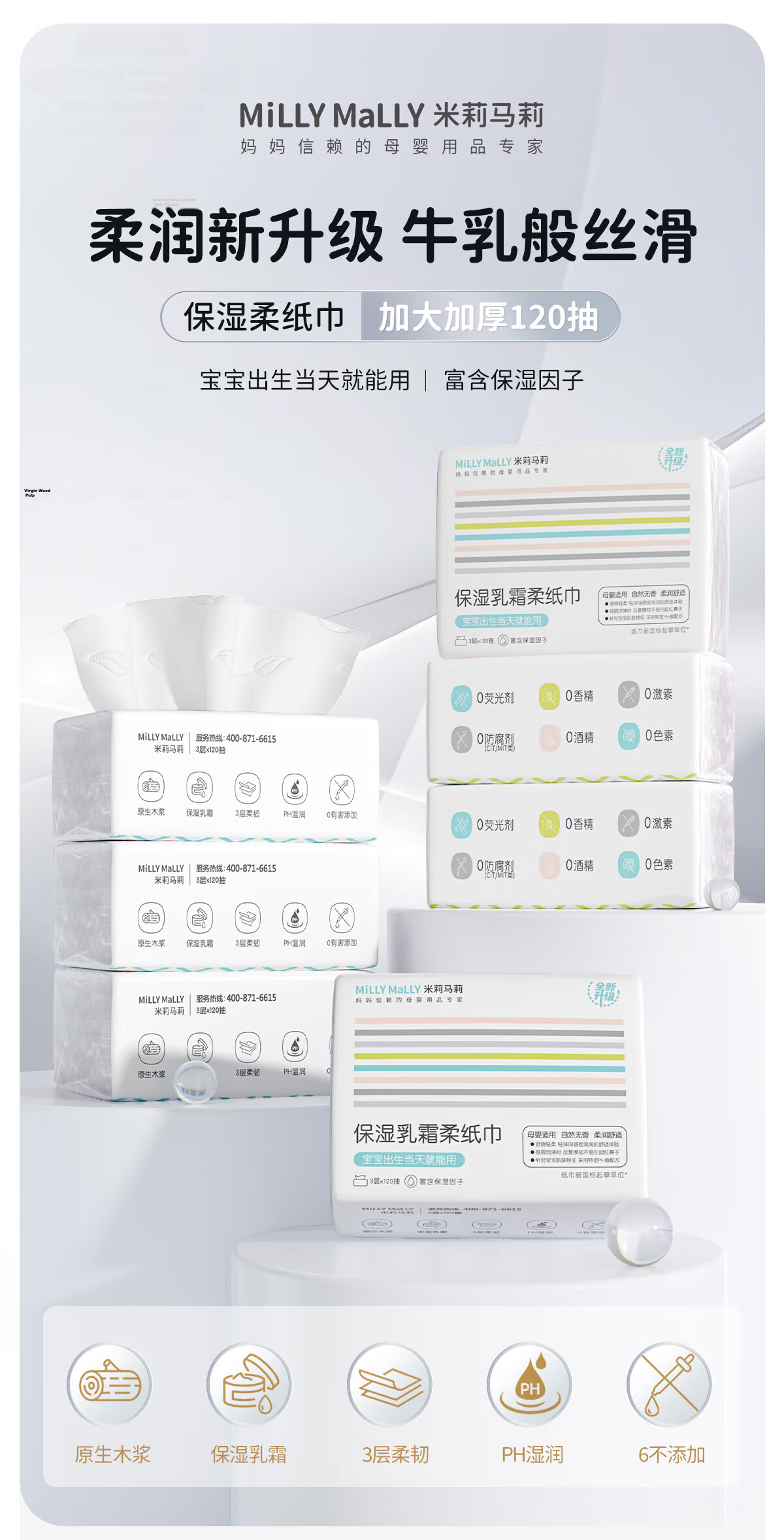 Milimali Cream Paper Cloud Soft Tissue, 3-Ply, 120 Sheets*20 Packs, Moisturizing Facial Tissues, Baby Wipes for Mothers And Infants 1