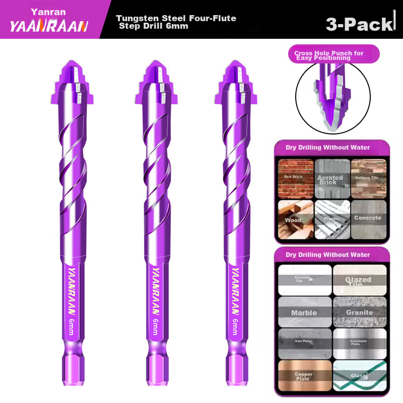 Yanran Tungsten Steel Step Drill Four-Flute Alloy Eccentric Drill Bit for Tile and Concrete 6mm 3pcs