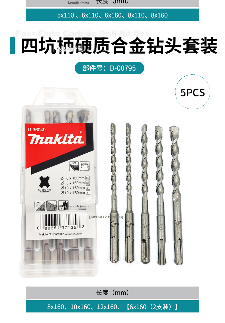 MAKITA Round Four-Groove Handle Rotary Hammer Drill Bit, Pointed Chisel, Flat Chisel Set D-53659 11