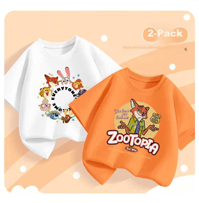Disney Boys' T-Shirts 2-Pack Summer New Pure Cotton Short Sleeve Rabbit Fox Partner Blue + Zootopia White Size 110 9