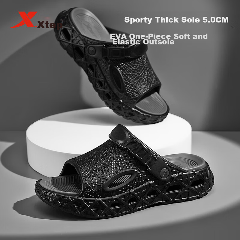 XTEP Men's Sports Sandals Casual Outdoor Shoes 2026 Summer New Men's Slippers 013 Black Gray Size 39-40