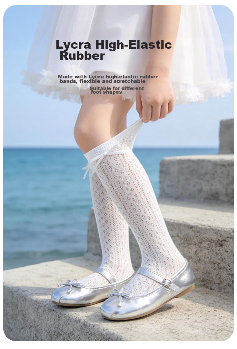 Aibaoqi Children's Long Tube Socks Summer Thin Girls Mesh Calf Socks Bowknot Ruffle Mid Tube Socks 2 Pairs T317 6