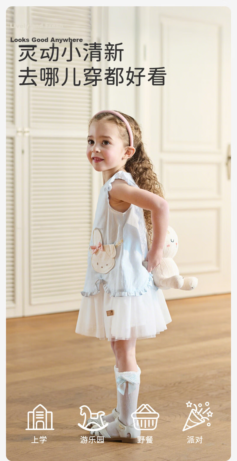 DAVE & BELLA Girls' Summer Dress Lenzing Lyocell Cooling Yarn Blue Princess Dress Toddler Dress 7