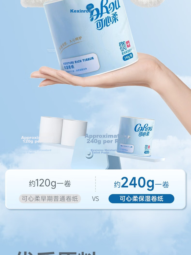 COROU Core Roll Paper 4-Ply 240g/Roll * 6 Rolls Wet Wipes Cloud Soft Tissue Toilet Paper Cream Paper Thickened Durable 6
