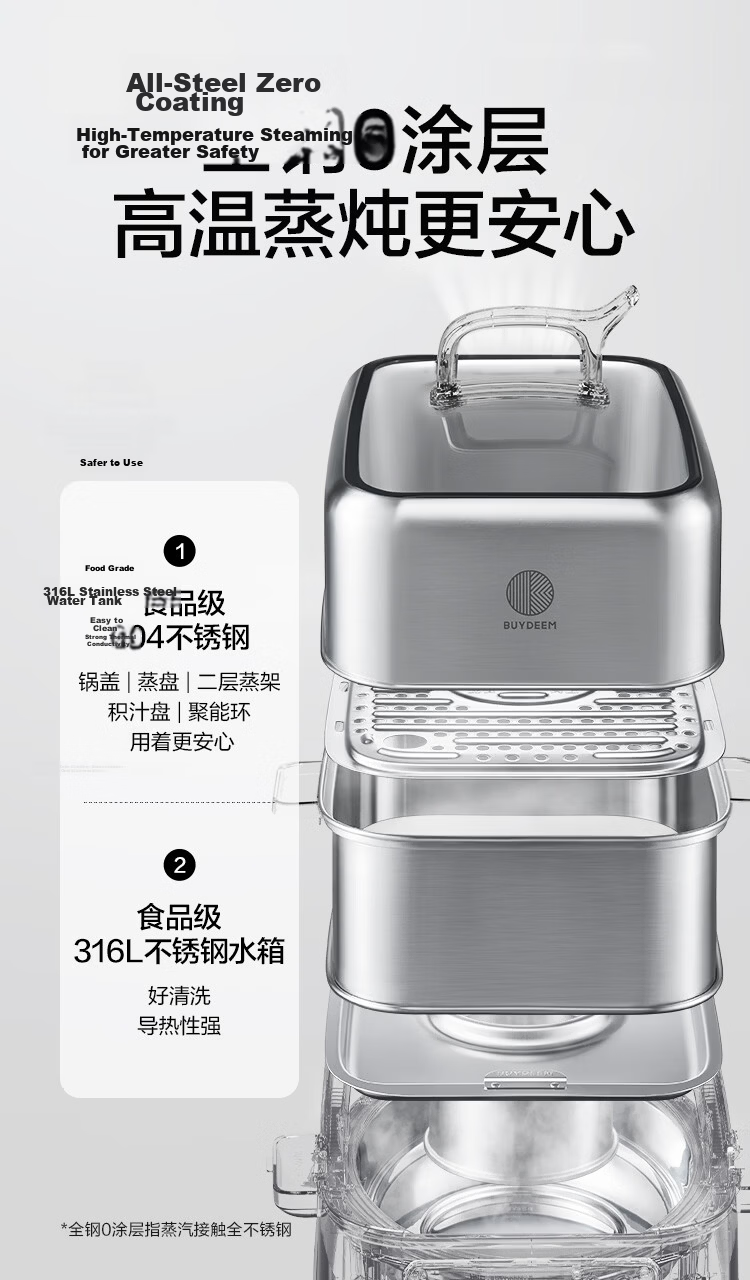 Buydeem Electric Steamer Household All-Steel 0-Coating Electric Stew Pot Large Capacity Multifunctional Steam Cooker [Family Set] G76 Light Cedar Green + Steam Pot + Stew Pot + Steaming Tray + Piggy B 4