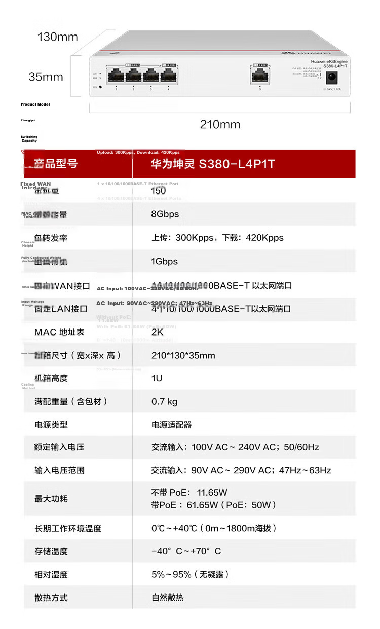 Huawei Kunling 5-Port Gigabit PoE Switch Router S380-L4P1T Enterprise Network Integrated Web Management Power 50W 10