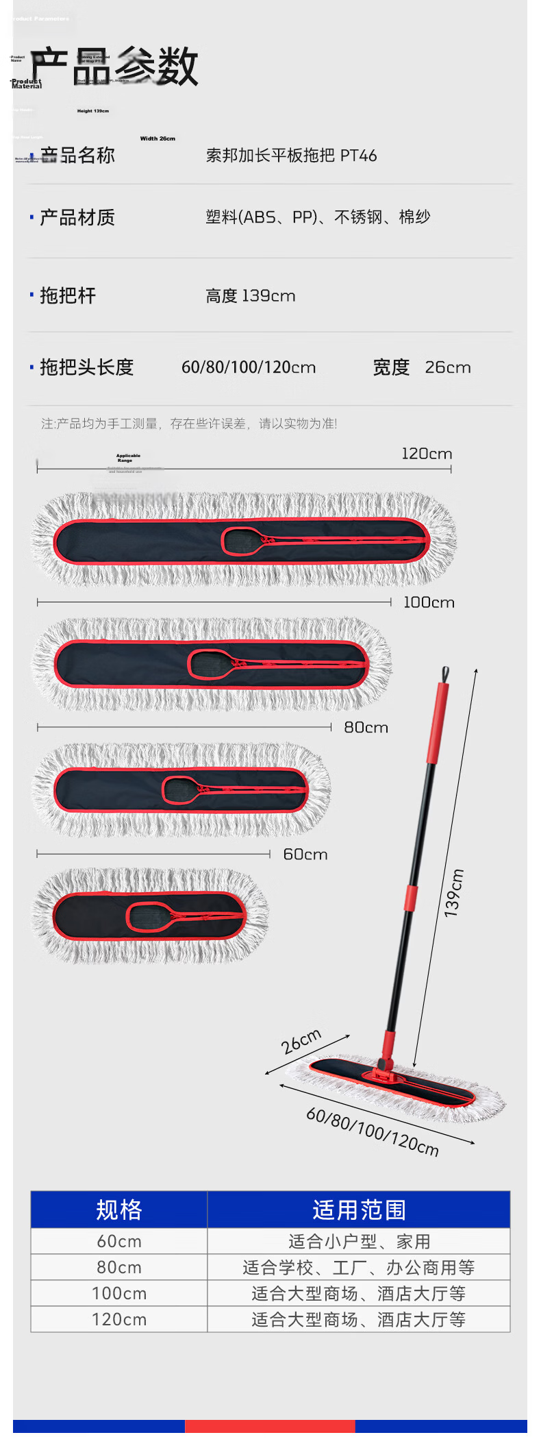 Sobon Flat Mop 60CM Commercial Large Dust Push Cotton Thread Oxford Canvas Large Area Floor Mop Absorbent Cotton Yarn Mop Cloth 15