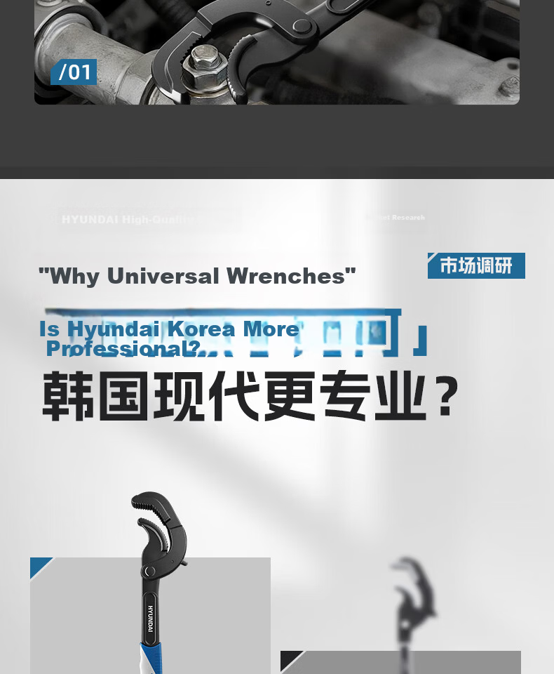 HYUNDAI Adjustable Wrench Multi-Functional Universal Plumbing Wrench Large Opening Pipe Wrench Small Hand Tool 4
