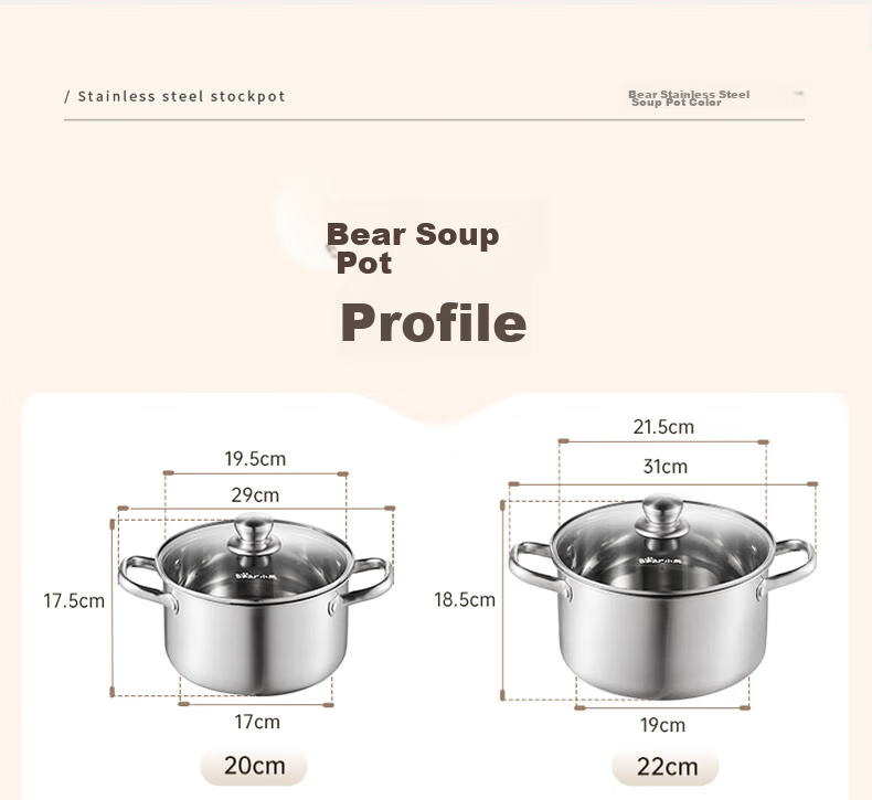Bear 304 Stainless Steel Soup Pot Household Stew and Steam Pot 22cm Porridge Cooking Pot Compatible with Gas Stoves JG056-P02 13