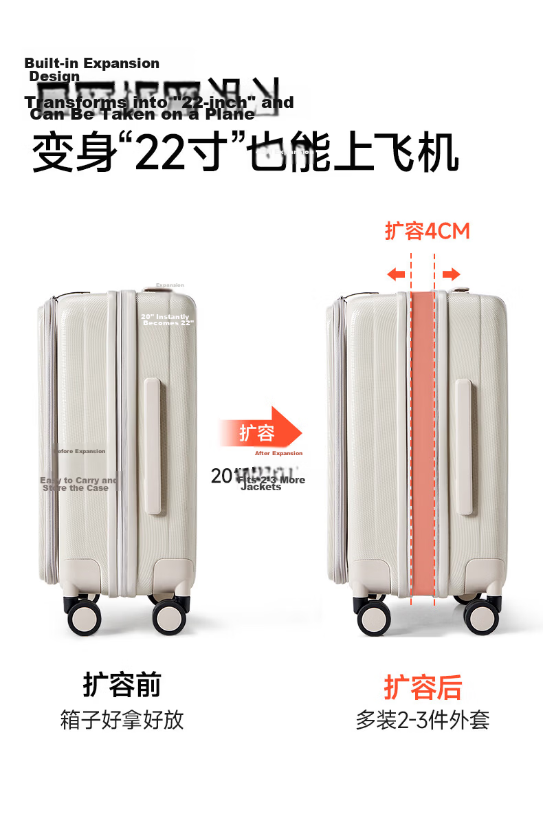 Hanke Expandable Luggage Women Trolley Large Capacity Men Carry-On Suitcase 20 Inch Ivory White Side Opening 18