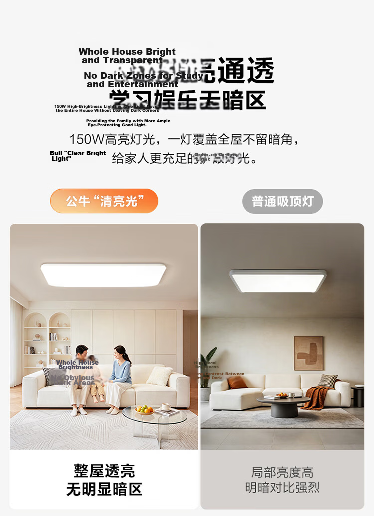 BULL Micro-Crystalline Ceiling Light, Living Room Main Light, Smart Full-Spectrum Eye Protection, IP40 Triple Protection, Lamp Installation Included, XD09 10