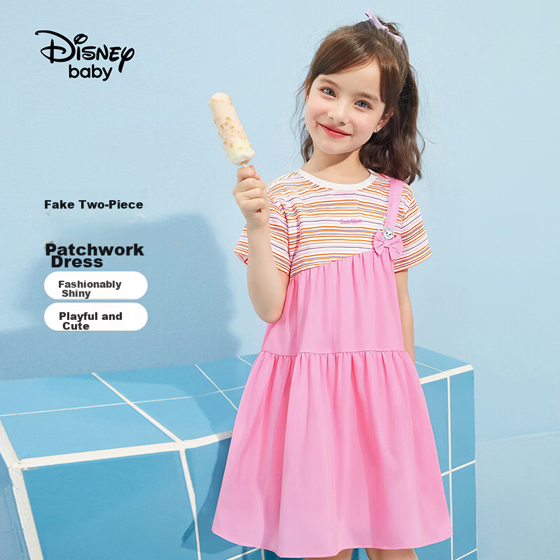 Disney Girls' Dress Big Kids Princess Dress Summer Children's Dress Faux Two-Piece Spliced Dress Peach Pink 110