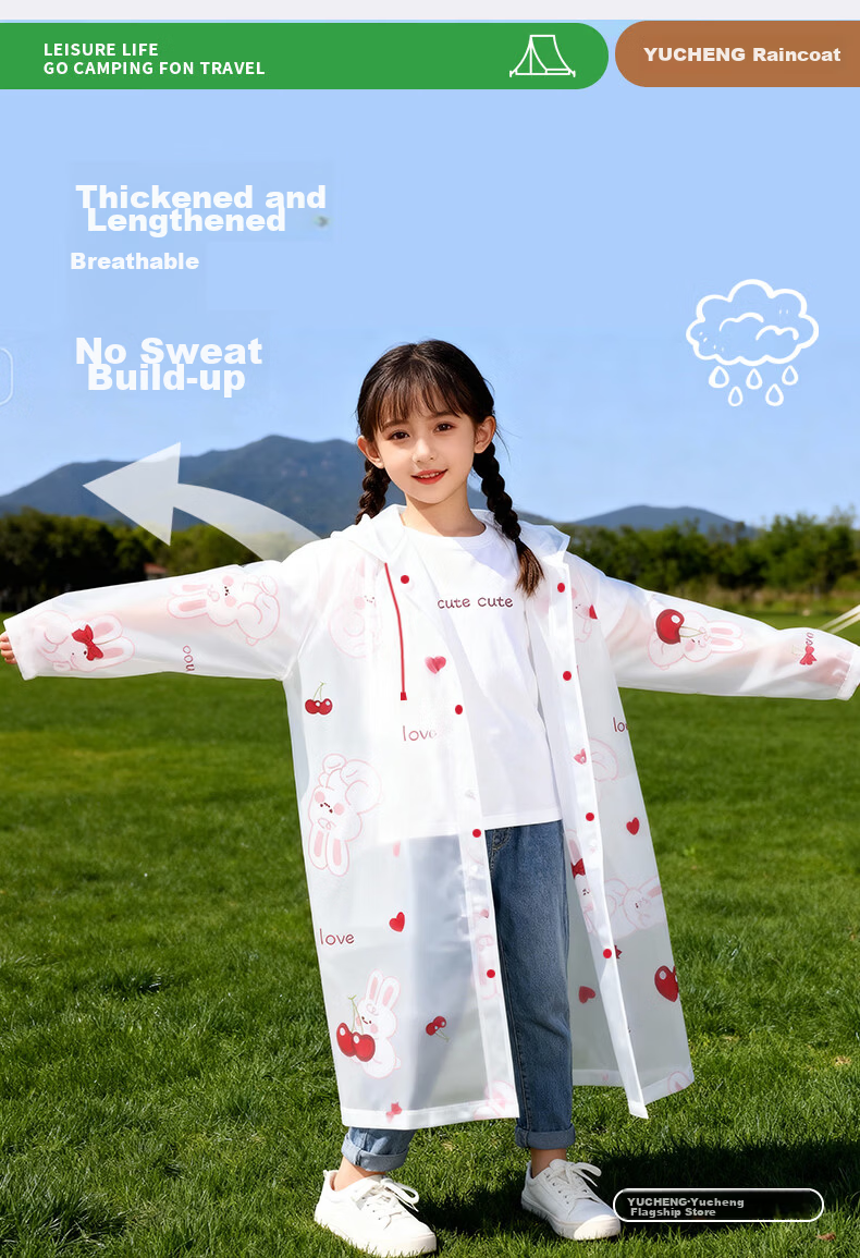 Yucheng Kids Raincoat Cartoon Print Elementary School Children Kindergarten Travel Portable Disposable Long Thickened Full-body Rain Poncho 6