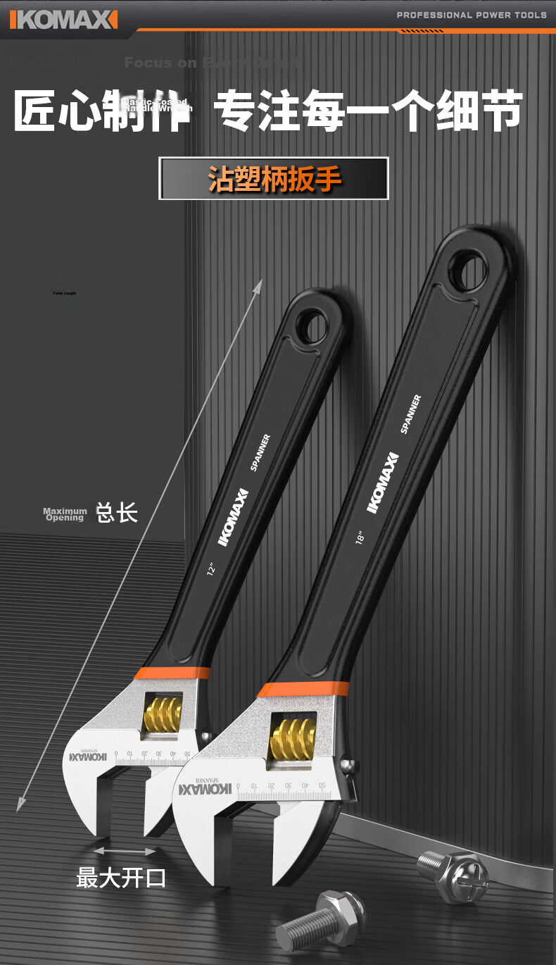 Komax Adjustable Wrench Large Opening Universal Adjustable Wrench Plastic Handle Torque Wrench Dual-Use 12 Inch 19